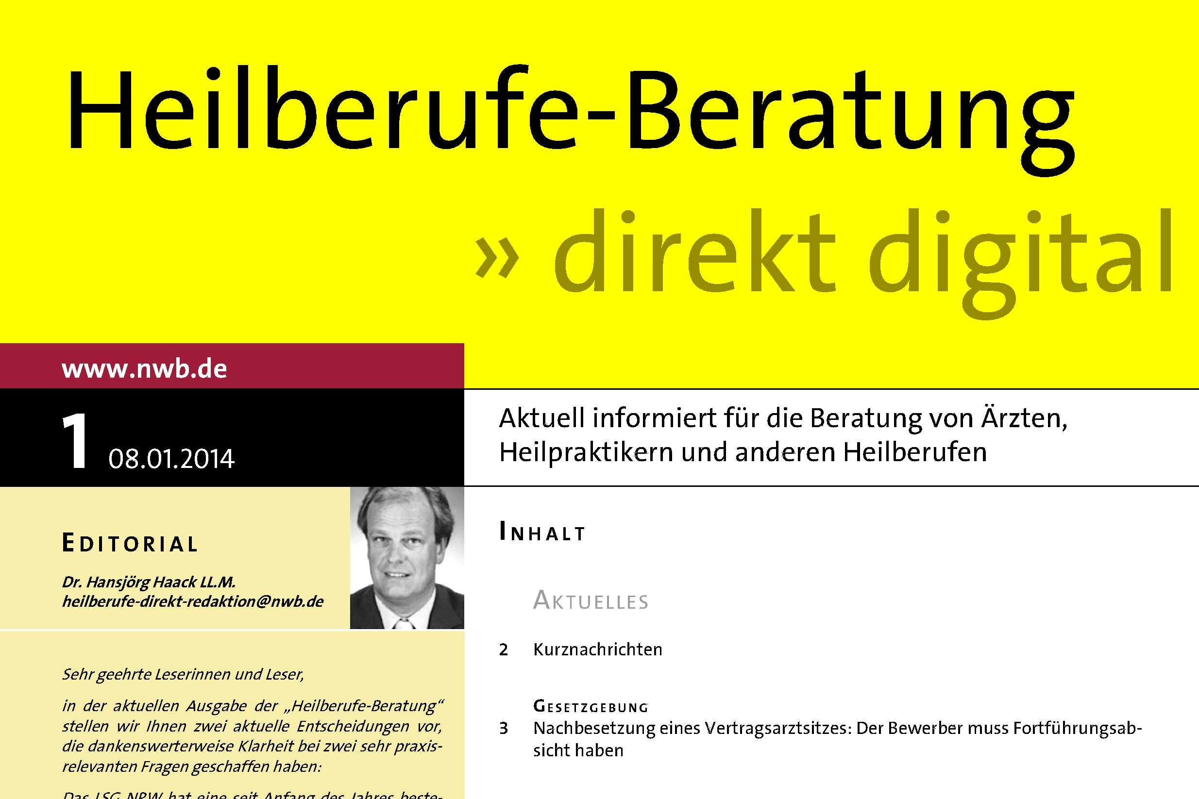 Erschienen in "Heilberufe-Beratung direkt digital" NR. 1/2014